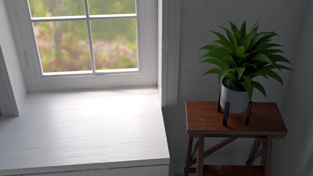 3D rendering architectural visualization of a lush green potted plant sitting on a rustic wooden stool beside a bright white windowsill.