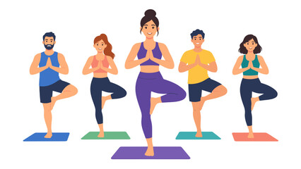 Fototapeta premium Yoga tree pose group fitness illustration
