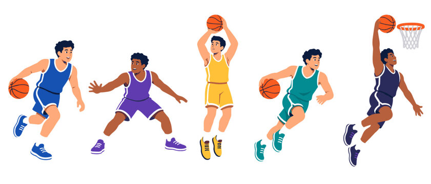 Basketball players dribbling and dunking action illustration