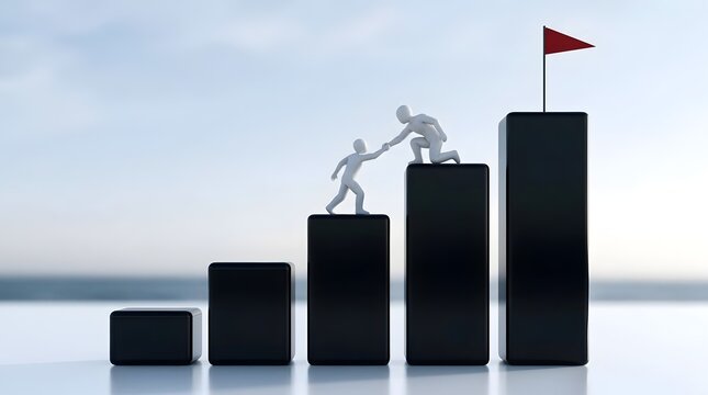 Two white figures helping each other climb black bar chart steps towards a red flag on the highest bar symbolizing teamwork success and goal achievement.