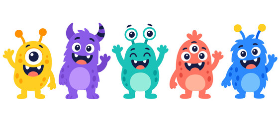 Obraz premium Colorful alien monster characters waving illustration