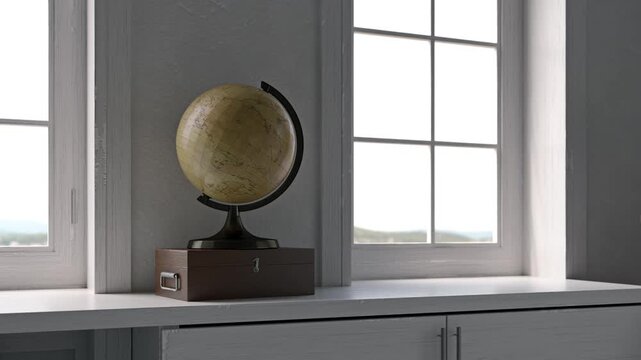 3D rendering architectural visualization of a vintage world globe resting on a wooden box on a white windowsill, illuminated by natural daylight.