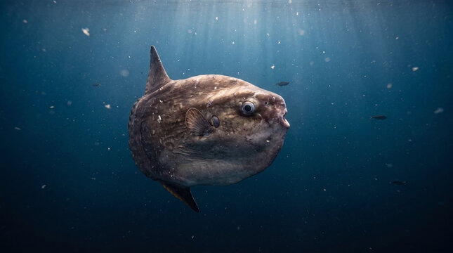 Underwater ocean sunfish showing elegance in deep blue water with light rays and small fish around it