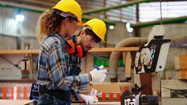 Curly-haired female carpenter draws the cutting line on a plywood board as her bearded partner lines up the tape measure at the saw, inside a plywood and timber factory