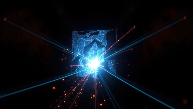 Bright energy burst emanating from fractured cube structure. Lines radiate outward, creating dynamic visual effect. Dark background emphasizes luminosity.