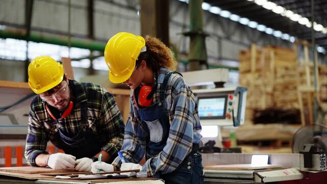 Bearded carpenter and a female coworker lean over a board to mark a cutting line with a pen next to a glowing CNC control screen, inside a plywood and timber factory