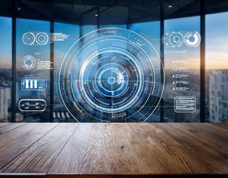 futuristic digital dashboard interface hovering over wooden table in modern corporate office