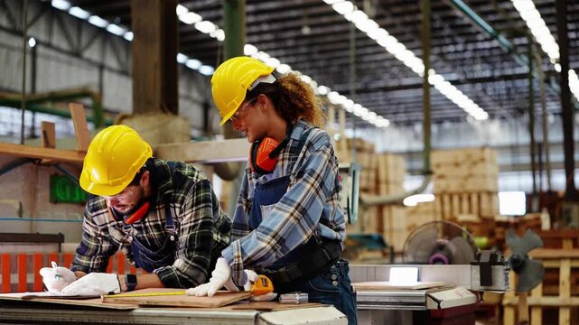 Bearded carpenter measures a board with a yellow tape while his female partner holds the other end at the workbench in a big timber factory, authentic 4K footage