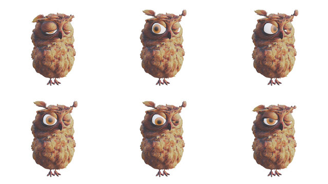 Ensemble de stickers hibou rigolo avec diff&eacute;rentes expressions, collection de hiboux mignons sur fond transparent - r&eacute;alis&eacute; avec blender