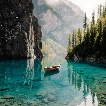 Empty wooden rowboat floating on a serene turquoise mountain lake
