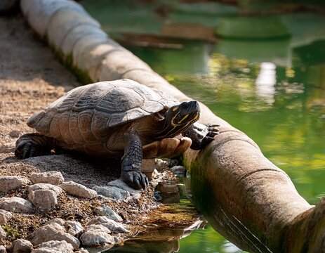 vertical photo of a turtle resting on a rocky shore by a green pond concrete structure and pipe in water