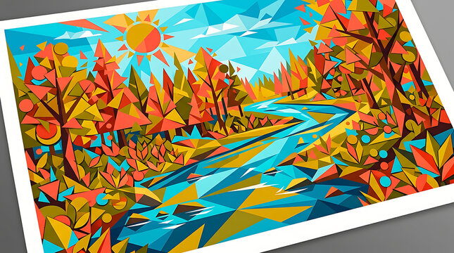 Colorful geometric low poly landscape painting of an autumn river forest scene