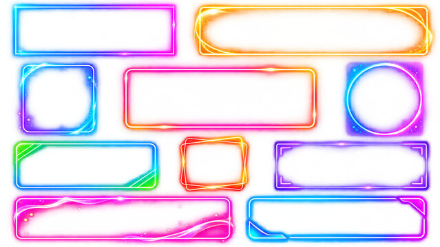 Ten neon frames arranged in four rows mix elongated rectangles, rounded squares and circular or oval outlines in cyan, pink, orange, green and purple, with empty centers on a transparent background