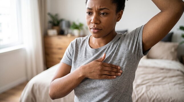 Woman concerned about breast health checking for lumps in her chest