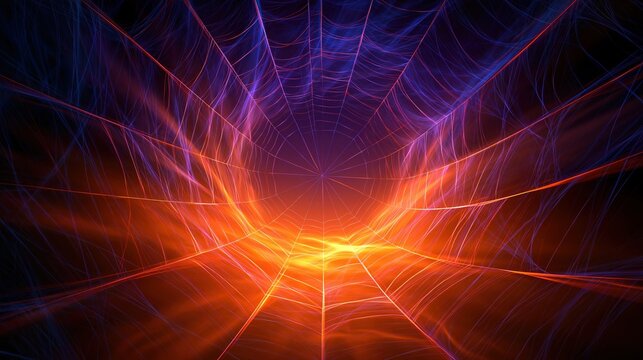 Abstract fractal spider web with glowing orange and blue light