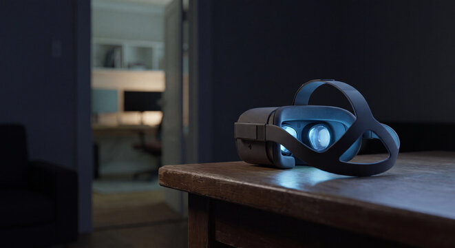 Virtual reality headset on wooden table in dark room with glowing blue lenses