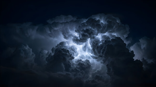 Dark thunderclouds illuminated by internal lightning at night