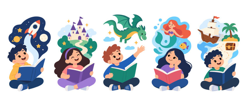 Children reading fantasy story books illustration