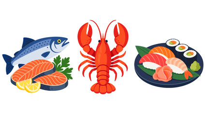 Obraz premium Fresh seafood and sushi illustration