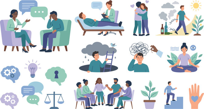 Mental health therapy icon set featuring psychology counseling sessions group support addiction recovery meditation and emotional wellness flat vector illustrations