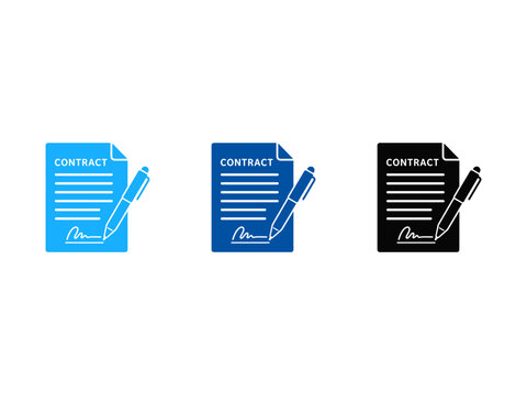 Business contract document icons with pen and signature in blue and black colors.