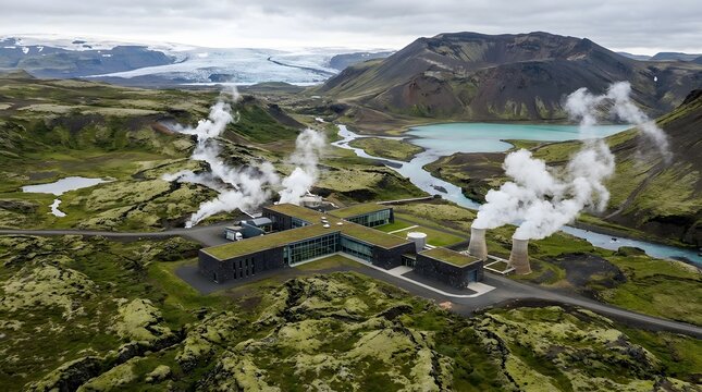 A large green field showing geothermal power plant in landscape