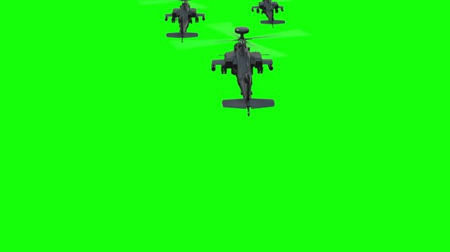 3d rendered animation of flying military helicopters on green screen