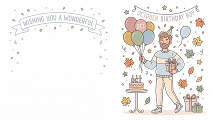 Obraz premium October Birthday Boy Greeting Card Vector Illustration with Man, Balloons, Cake, and Gifts 