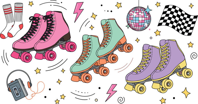 Retro Roller Skate Sticker Pack with Colorful Quad Skates, Disco Ball, Walkman Player, Socks, and Checkered Racing Flag Vector Graphic Design Elements