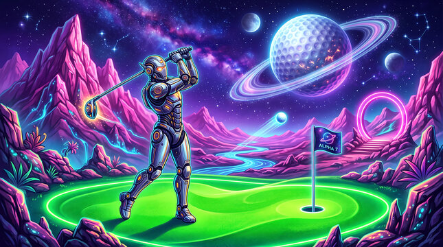 Robot golfer swinging a club on a cosmic neon landscape