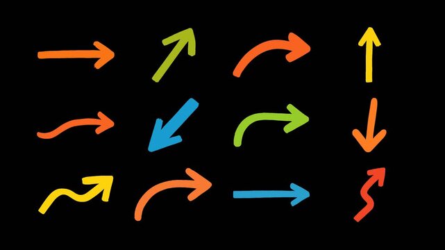 Set of 12 hand drawn arrows drawing on animation