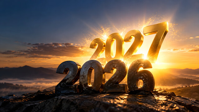 Golden 2027 rising behind dark metallic 2026 at sunrise, symbolizing new beginnings, progress and moving forward. Premium conceptual New Year background with generous copy space.