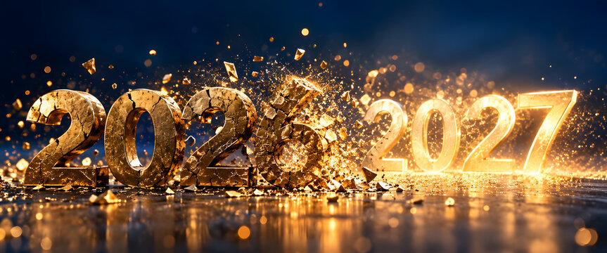 Photorealistic 2026 transforming into glowing 2027 with golden particles, dramatic light and reflections against a dark blue background, premium New Year transition concept.