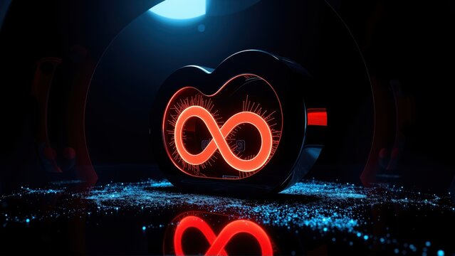 Glowing infinity symbol within heart shape. Dark futuristic setting, reflective surface, blue light source above. Minimalist design.