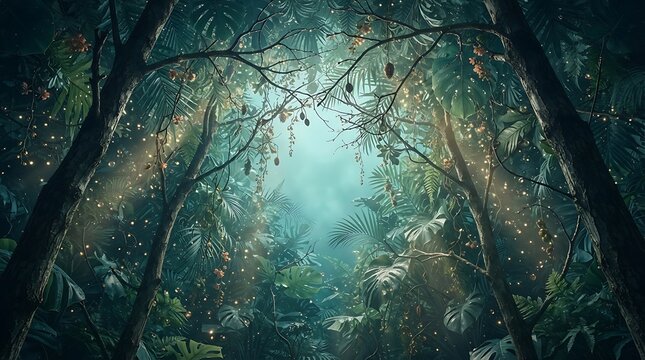 Sunlight rays piercing through a lush green fairy tale forest with mystical fore