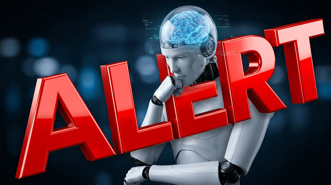 Thinking robot with a glowing brain and large red alert text