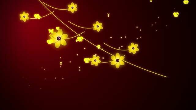 Yellow flowers and butterflies on a dark red gradient background 4k video.