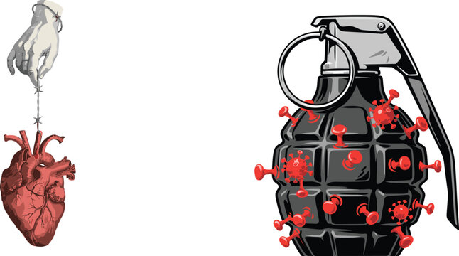 Conceptual illustration of a hanging human heart and virus infected grenade symbolizing war and biological threat