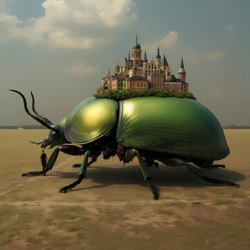 a fantastic green scarab beetle carrying an ancient city on its shell
