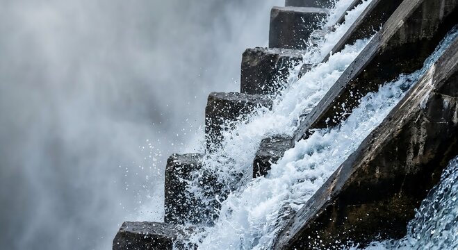 Rushing Water Cascading Over Dark Weathered Stone Steps of a Dam or Weir