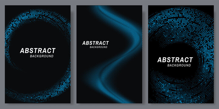 Abstract Halftone Wave Background Collection with Bright Cyan Dots on Black, Dynamic Circular and Flowing Shapes for Music, Technology, Nightlife, Events and Modern Graphic Design
