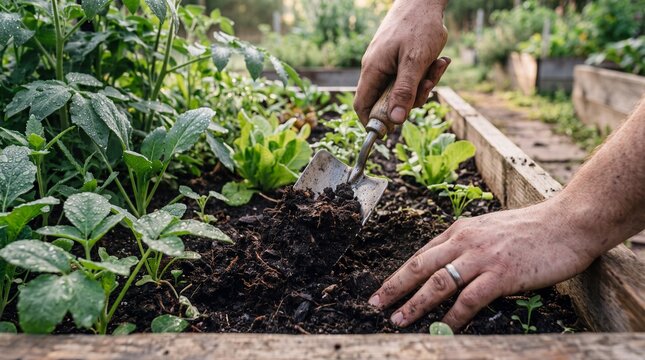 POV hands using wooden-handled hand trowel to loosen dark compost in garden bed