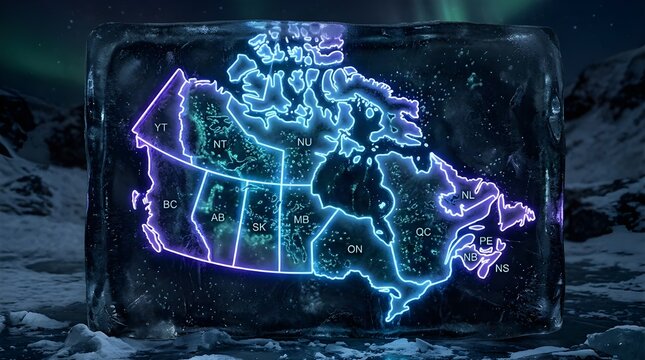 Glowing purple neon map of canada inside ice cube with neon outline glowing border frozen background canada country neon light glowing effect northern landscape canada geography