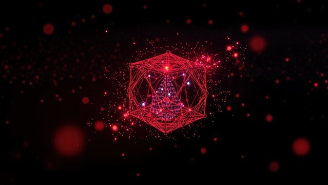 Red glowing cube dominates dark background. Lines connect points forming geometric shape. Small red dots scatter around central structure.