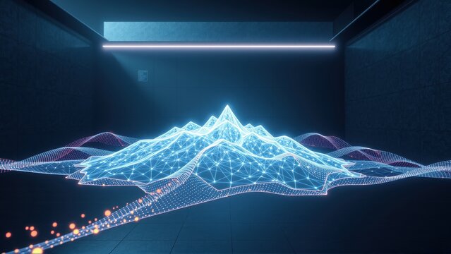 Futuristic digital landscape. Glowing wireframe mountains extend into dark room. Minimalist design, cool tones dominate scene.