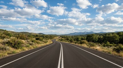 Obraz premium Empty highway stretches toward distant mountains under a bright sky. White clouds drift above a vast, open landscape. Green shrubs line both sides of the asphalt. The road invites travel through calm