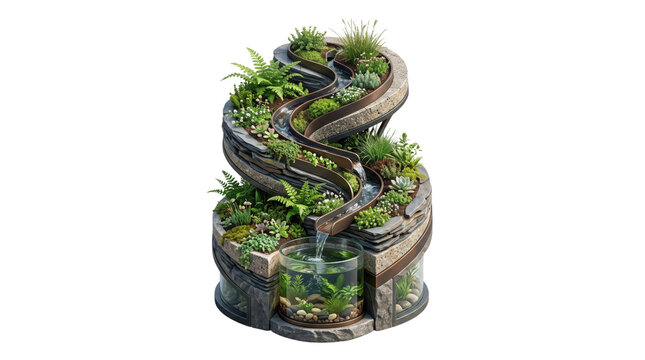 Spiral indoor garden waterfall feature, mini terrarium fountain sculpture, aquatic plant ecosystem display on white background