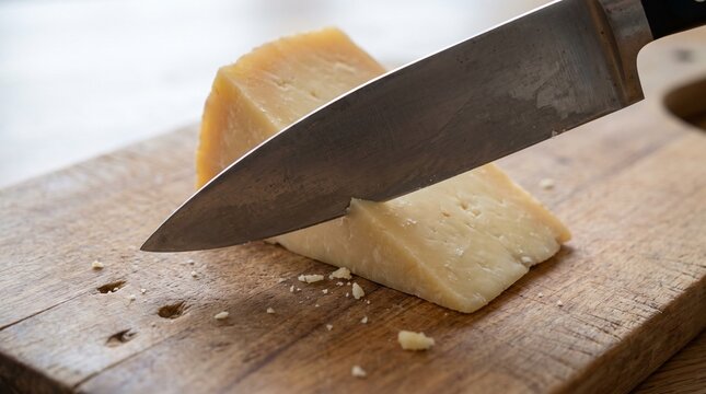 Chef knife slicing a wedge of hard parmesan cheese on a wooden board