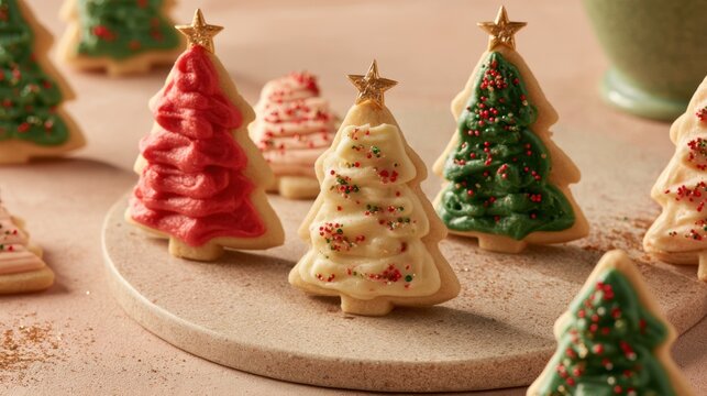Festive Christmas tree shaped cookies decorated with red white and green icing topped with golden star on ceramic tray for holiday celebration