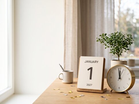 January 1, 2027, calendar and classic clock on a desk, symbolizing new year's fresh starts, resolutions, and hopeful anticipation for a positive future in a bright home